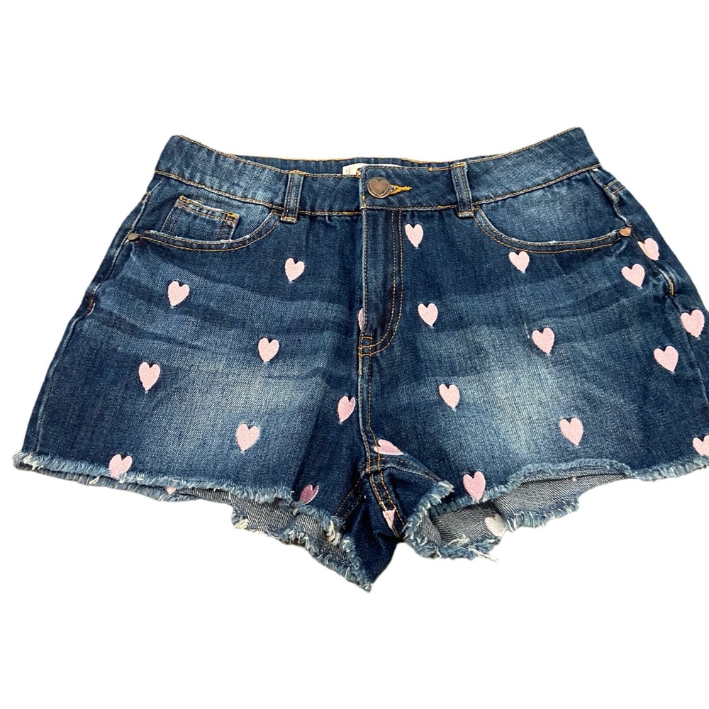 Cut off denim shorts w pink embroidered hearts. Small. Like new. FB Sisters. Sm